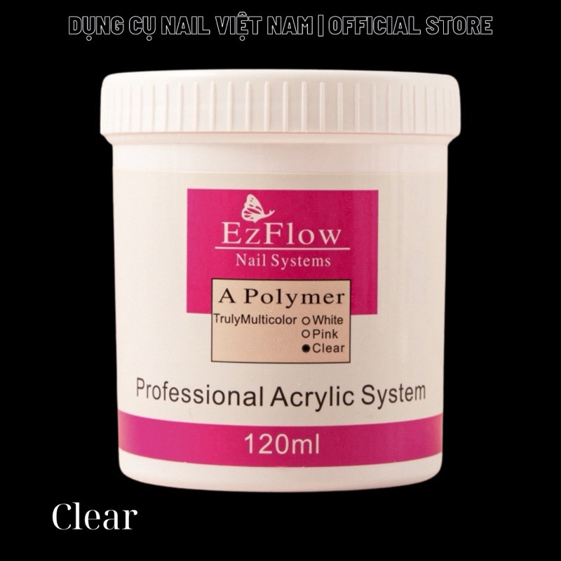 Bột đắp móng Ezflow siêu mịn, siêu dẻo, không vón cục - Polymer Nail Powder 3 màu white, pink, clear (120ml)