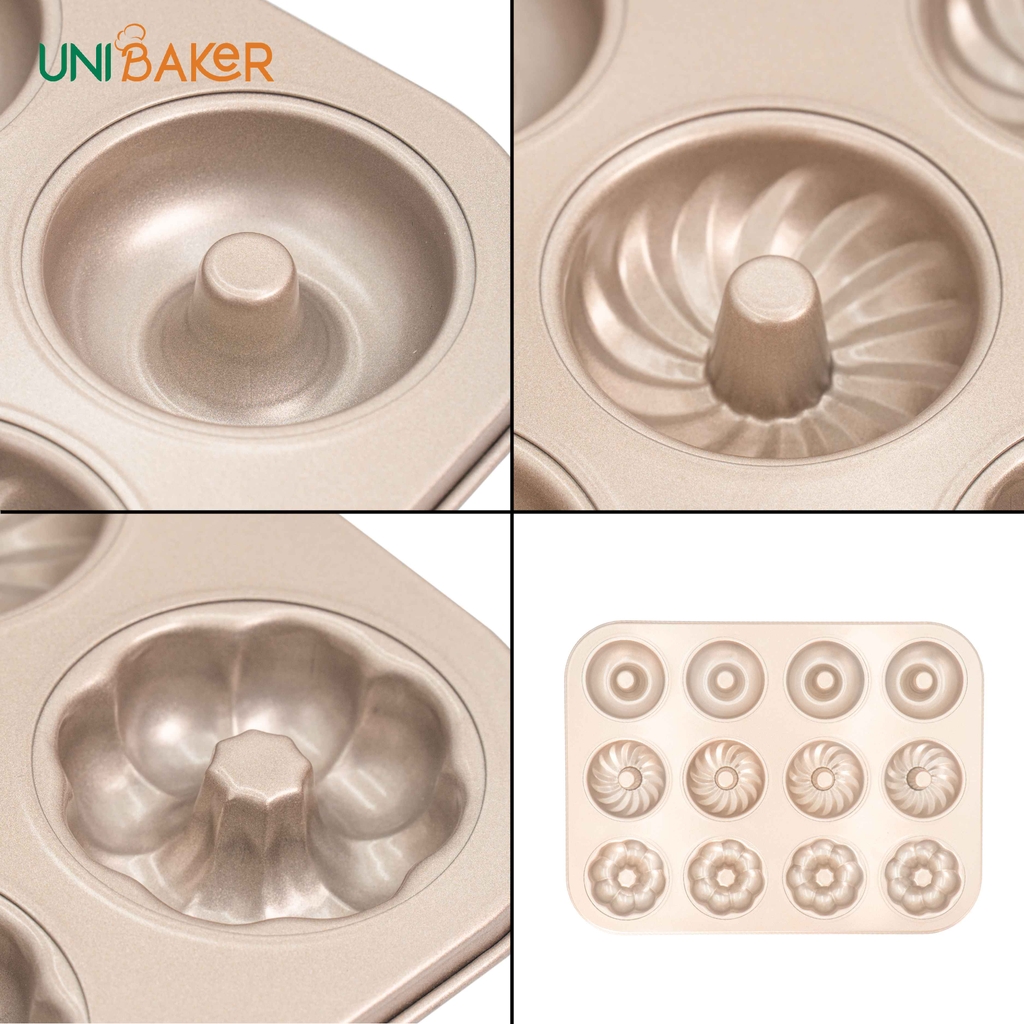 Khuôn nướng 12 bánh donut hoa văn Unibaker MB833