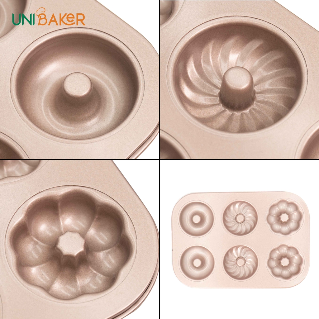 Khuôn nướng 6 bánh donut hoa văn Unibaker MB832