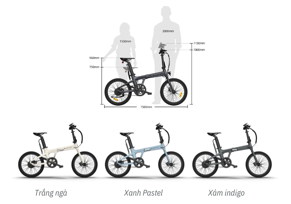 Màu sắc và kích thước xe đạp trợ lực điện Ado A20 Lite
