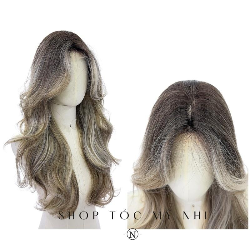 Tóc Giả Mỹ Nhi Xoăn Layer Hai Mái Bay Màu Tóc Highlight Rêu Khói x-dk1-0112 Da Đầu Dệt Kim