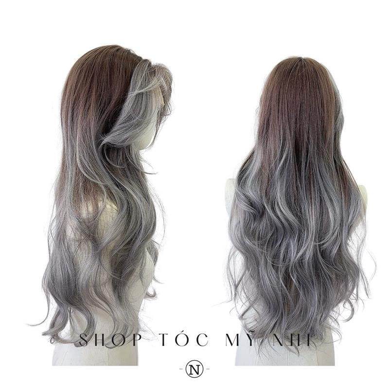 Tóc Giả Mỹ Nhi Bouncy Curl Tóc Xoăn Bung Layer Mái Bay Màu Tóc Balayage Xám Xanh x-3d-0201 Da Đầu 3D Kết Hợp (phân khúc DÁN KEO)