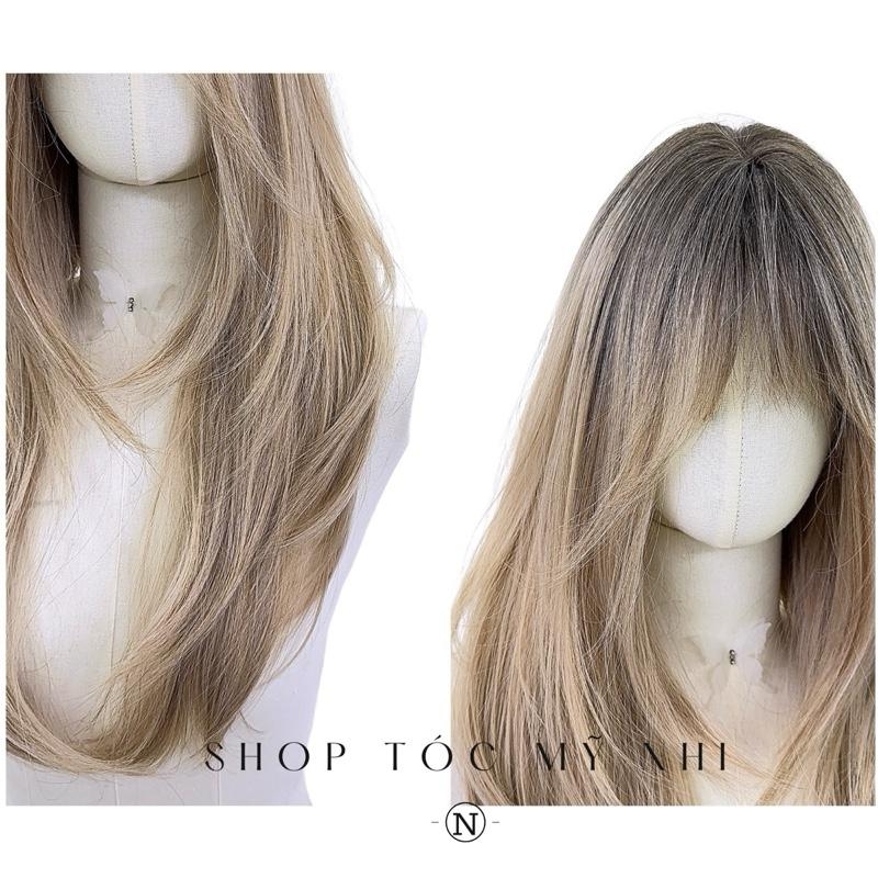 Tóc Giả Mỹ Nhi Cúp Layer Mái Thưa Hàn Quốc Chân Tóc Đen Nhuộm Ombre Vàng Blonde C-dk-0906 Da Đầu Dệt Kim (rẻ ngôi được)