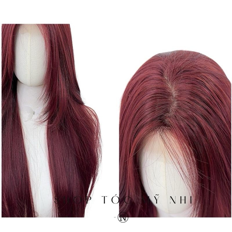 Tóc Giả Mỹ Nhi Tóc Thẳng Layer Hai Mái Màu Đỏ Cherry t-dk1-0310 Da Đầu Dệt Kim