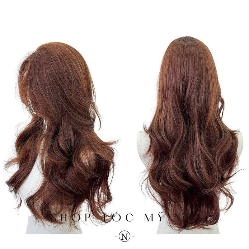 Tóc Giả Mỹ Nhi Xoăn Layer Hai Mái Màu Tóc Nâu Choco x-dk1-0114 Da Đầu Dệt Kim
