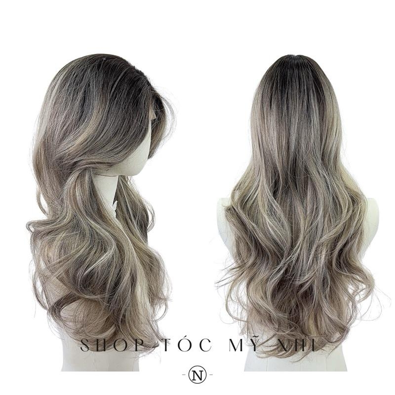 Tóc Giả Mỹ Nhi Xoăn Layer Hai Mái Bay Màu Tóc Nhuộm Ombre Highlight Sliver x-dk1-0113 Da Đầu Dệt Kim