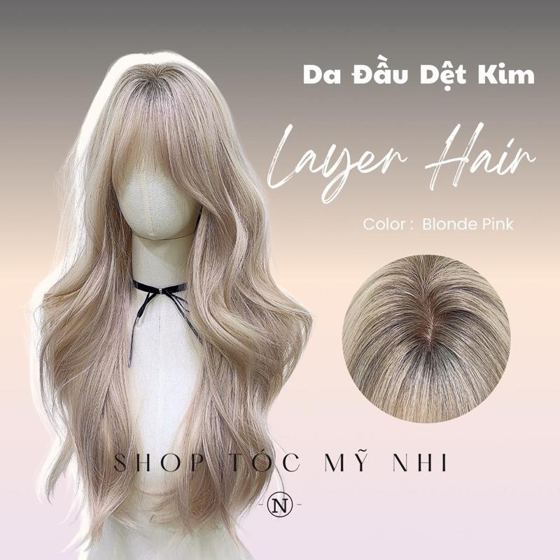 Tóc Giả Mỹ Nhi Mái Thưa Xoăn Layer Dài Màu Tóc Blonde Pink x-dk-1018 Da Đầu Dệt Kim (rẻ ngôi được)
