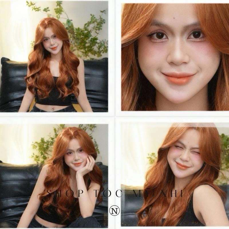 Tóc Giả Mỹ Nhi Xoăn Layer dài 60cm Hai Mái Màu Tóc Nâu Cam x-dk1-0119 Da Đầu Dệt Kim (rẻ ngôi được)