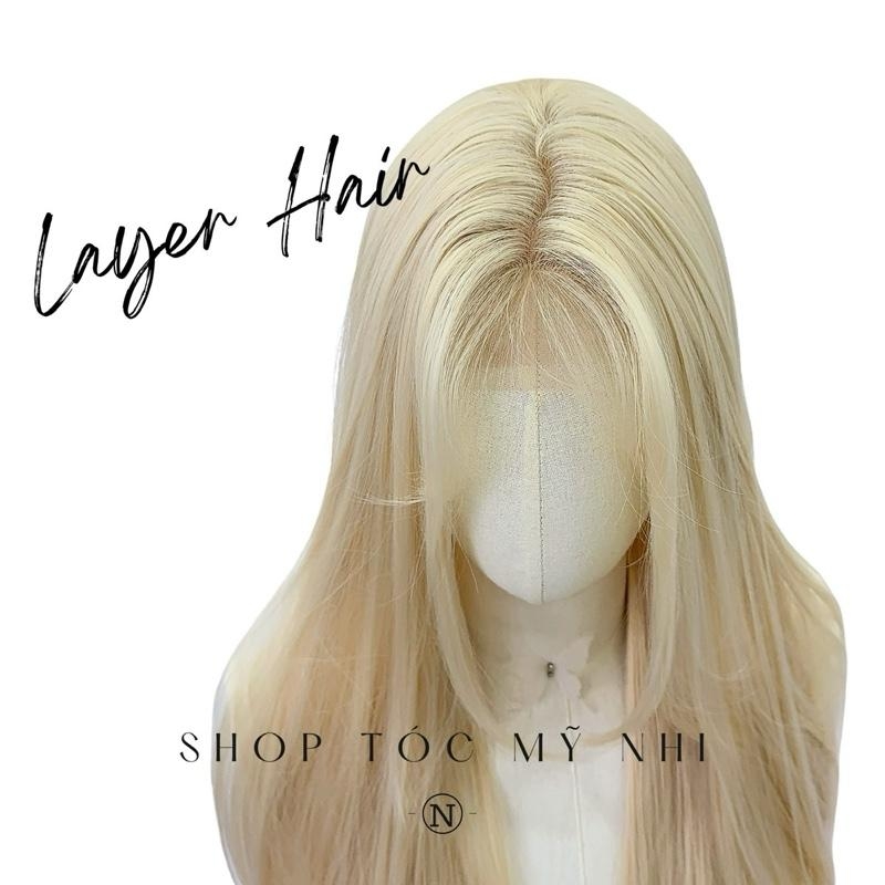 Tóc Giả Mỹ Nhi Tóc Thẳng Layer Hai Mái Dài Màu Tóc Vàng Bạch Kim t-dk1-0308 Da Đầu Dệt Kim (tóc màu vàng tẩy ivory)