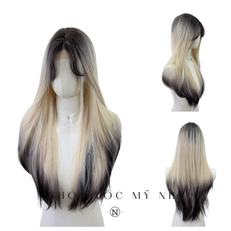 Tóc Giả Mỹ Nhi Thẳng Layer Hai Mái Màu Tóc Vàng Bạch Kim Nhuộm Ombre Loang Màu t-dk1-0309 Da Đầu Dệt Kim (ivory ombre)