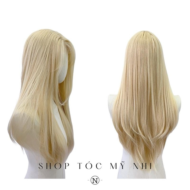 Tóc Giả Mỹ Nhi Tóc Thẳng Layer Hai Mái Dài Màu Tóc Vàng Bạch Kim t-dk1-0308 Da Đầu Dệt Kim (tóc màu vàng tẩy ivory)