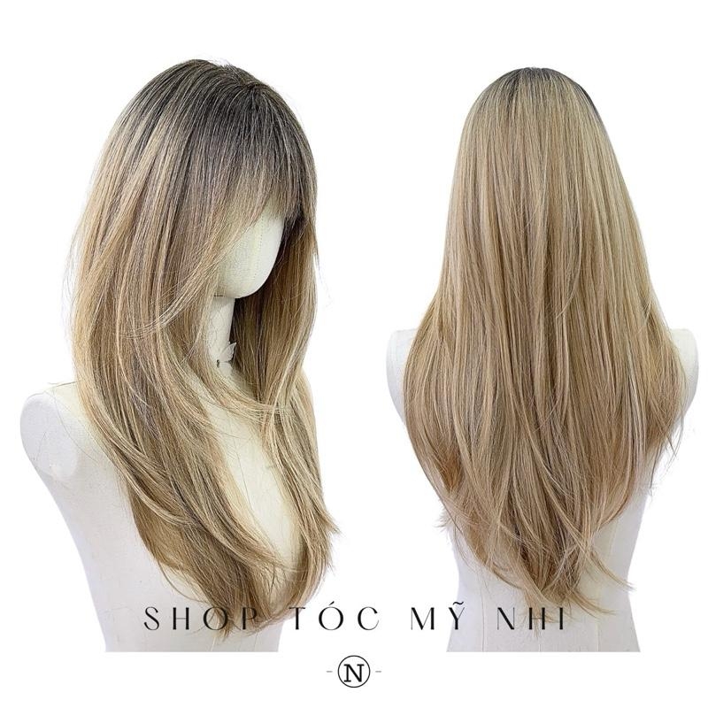 Tóc Giả Mỹ Nhi Cúp Layer Mái Thưa Hàn Quốc Chân Tóc Đen Nhuộm Ombre Vàng Blonde C-dk-0906 Da Đầu Dệt Kim (rẻ ngôi được)