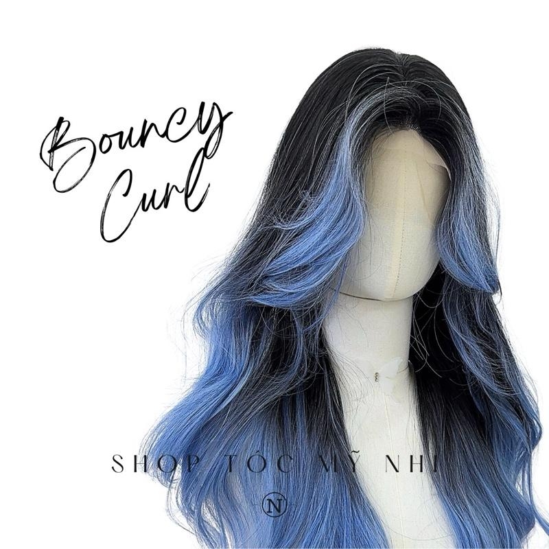 Tóc Giả Mỹ Nhi Bouncy Curl Xoăn Bung Mái Bay Màu Tóc Balayage Xanh Khói x-3d-0204 Da Đầu 3D Kết Hợp (phân khúc DÁN KEO)
