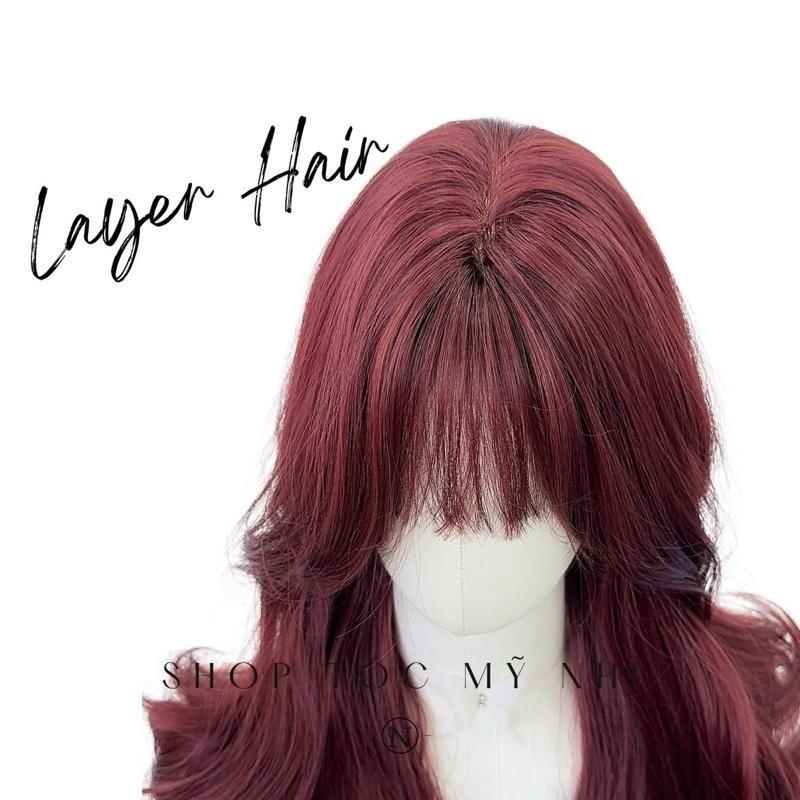 Tóc Giả Mỹ Nhi Xoăn Layer Mái Thưa Hàn Quốc Màu Đỏ Cherry x-dk-0104 Da Đầu Dệt Kim