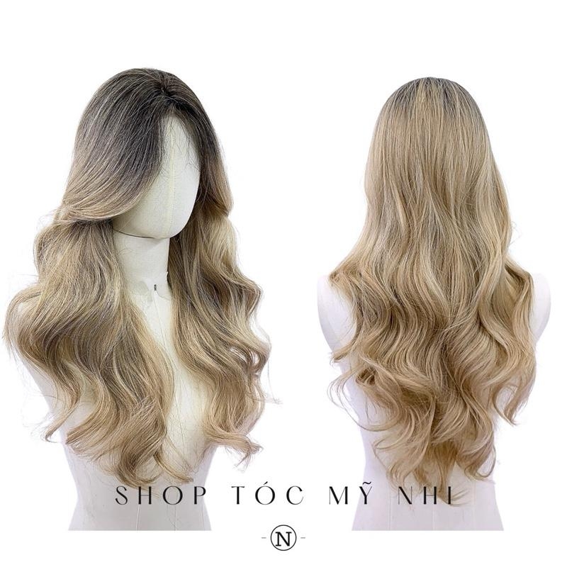 Tóc Giả Mỹ Nhi Xoăn Layer Hai Mái Chân Tóc Đen Nhuộm Màu Vàng Blonde dài 60cm x-dk1-0110 Da Đầu Dệt Kim