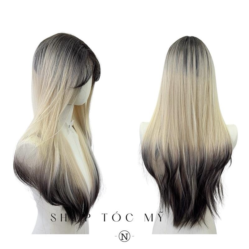 Tóc Giả Mỹ Nhi Thẳng Layer Hai Mái Màu Tóc Vàng Bạch Kim Nhuộm Ombre Loang Màu t-dk1-0309 Da Đầu Dệt Kim (ivory ombre)