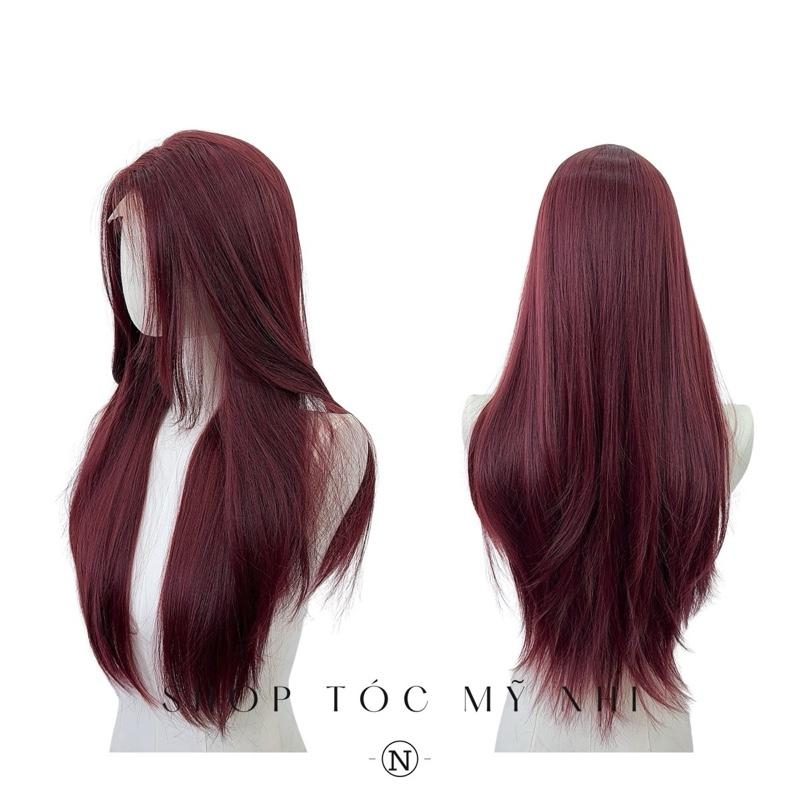Tóc Giả Mỹ Nhi Tóc Thẳng Layer Hai Mái Màu Đỏ Cherry t-dk1-0310 Da Đầu Dệt Kim