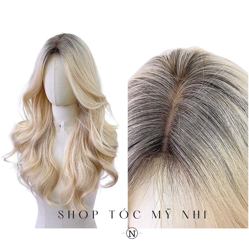 Tóc Giả Mỹ Nhi Xoăn Layer Nhuộm Chân Tóc Vàng Bạch Kim Dài 60cm x-dk1-0111 Da Đầu Dệt Kim (Platinum Blonde)