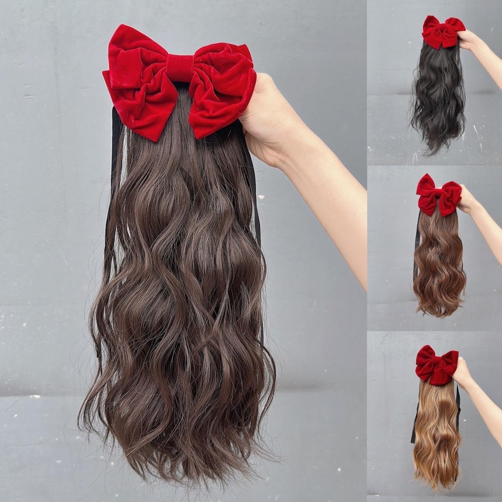 Tóc Giả Nữ Buộc Xù Sóng Kèm Nơ Nhung Đỏ