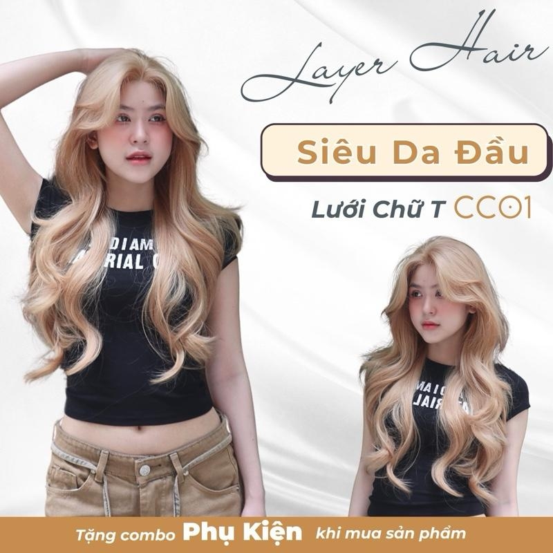 Siêu Da Đầu Tóc Giả CC01 Lưới T Xoăn Layer Mái Bay (dưỡng + lưới + lược + miếng Dán)