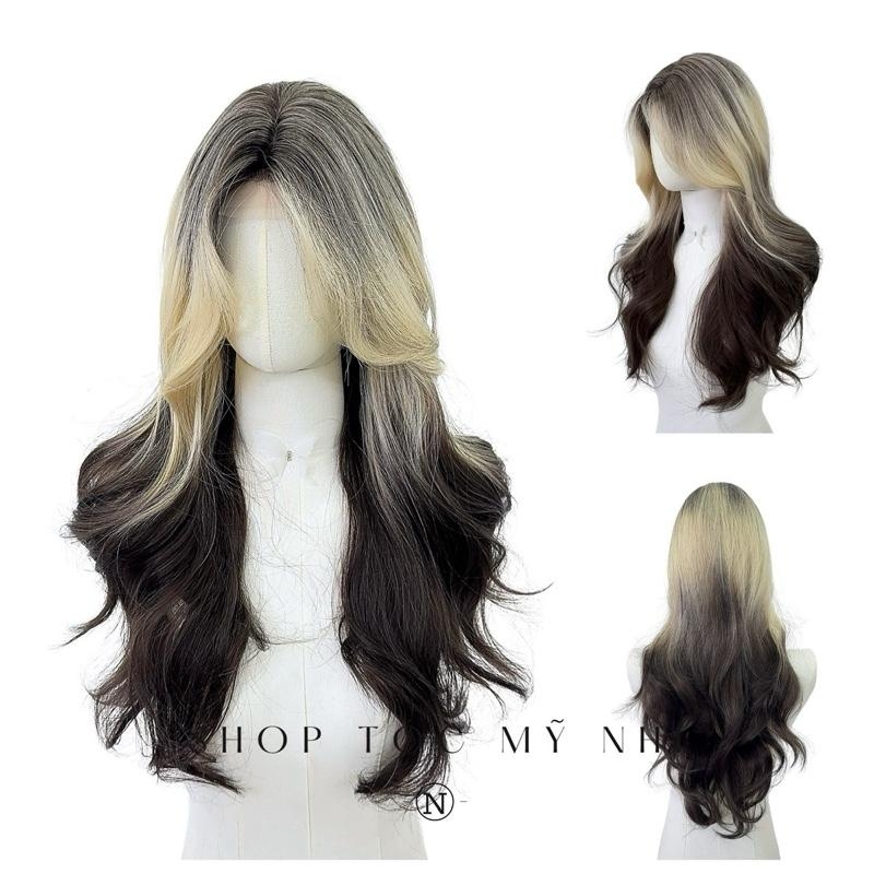 Tóc Giả Mỹ Nhi Xoăn Layer Mái Bay Màu Tóc Vàng Mơ Nhuộm Ombre x-dk1-0117 Da Đầu Dệt Kim