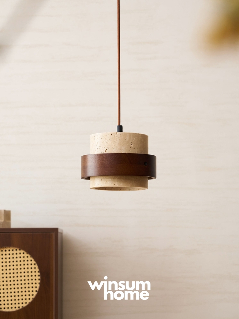 Đèn thả Cole chất liệu đá travertine kết hợp vòng gỗ