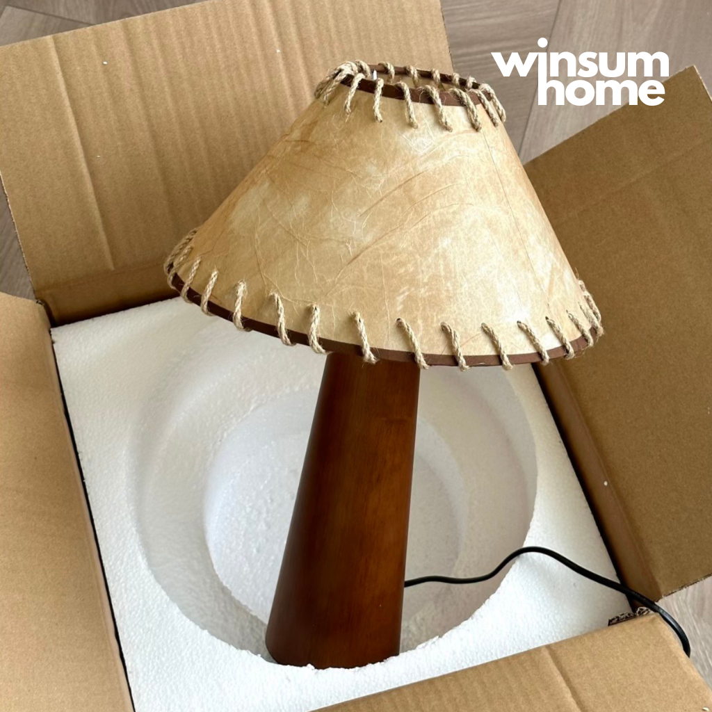 Đèn để bàn thân gỗ nguyên khối, chao vải da phong cách vintage, đèn hình nấm - DBB08