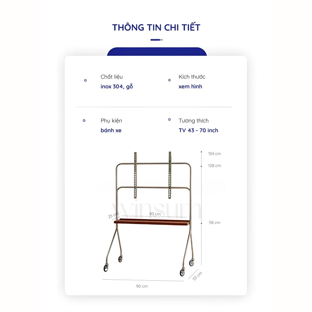 Kệ treo tivi có bánh xe di chuyển, khung thép chắc chắn, thiết kế đơn giản hiện đại - K01