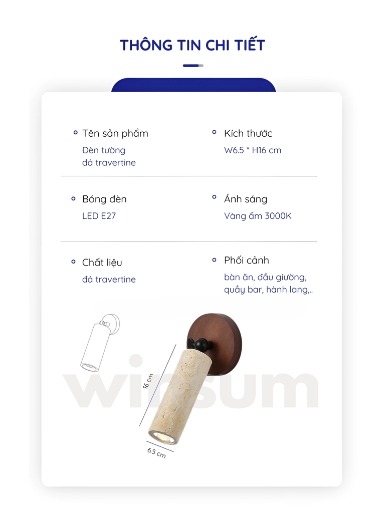 Đèn tường đá travertine thân trụ, đế gỗ