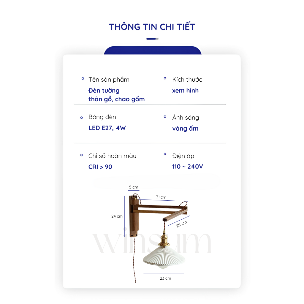 Đèn treo tường thân gỗ óc chó gấp gọn, chao gốm Vintage - DTB01
