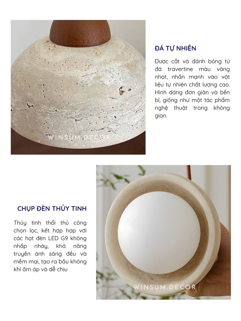 Đèn thả trần đá travertine, đèn thả đầu giường, đèn trang trí quầy bar, đảo bếp - winsum.decor DPA05