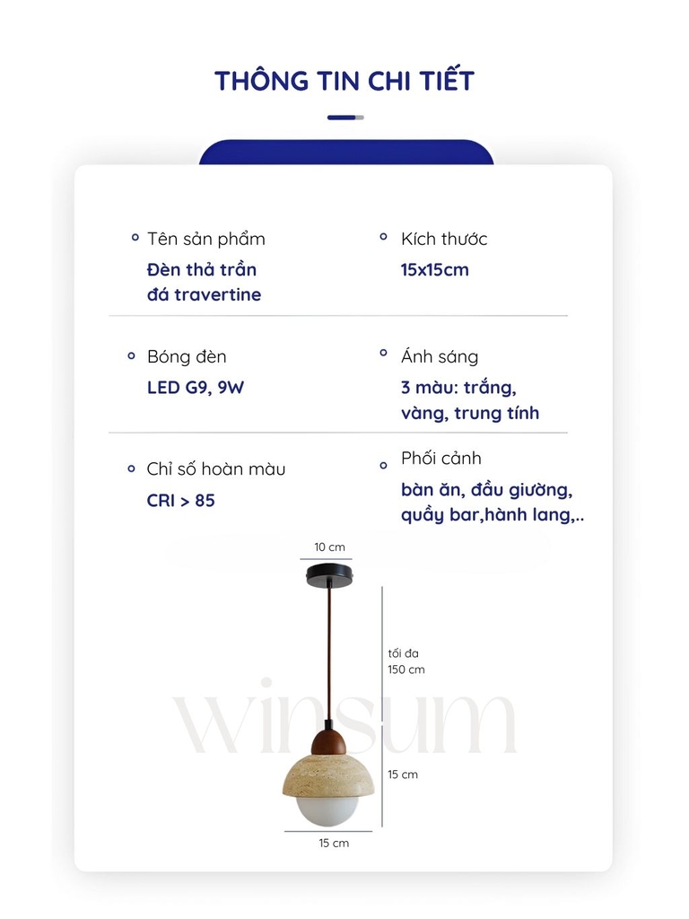 Đèn thả trần đá travertine, đèn thả đầu giường, đèn trang trí quầy bar, đảo bếp - winsum.decor DPA05