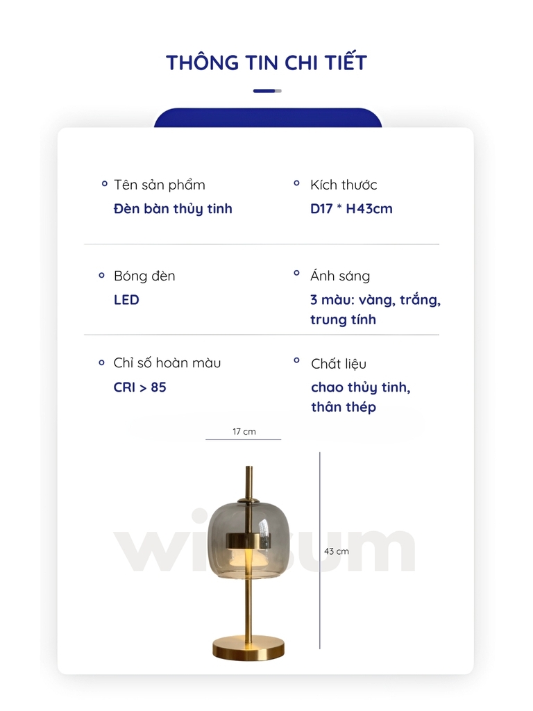 Đèn bàn thủy tinh xám khói thân thép -DBB013