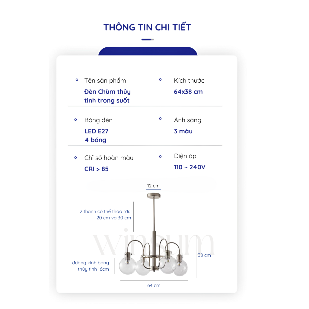 Đèn chùm bóng thủy tinh trong suốt