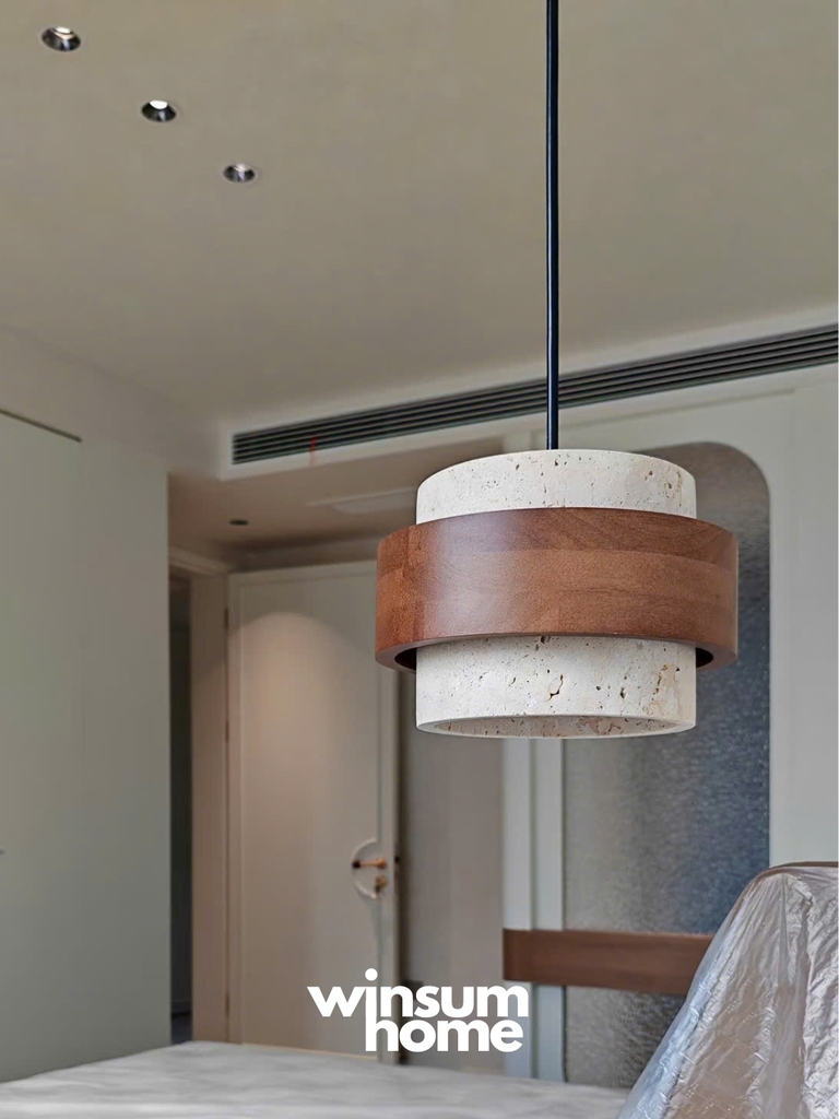 Đèn thả Cole chất liệu đá travertine kết hợp vòng gỗ