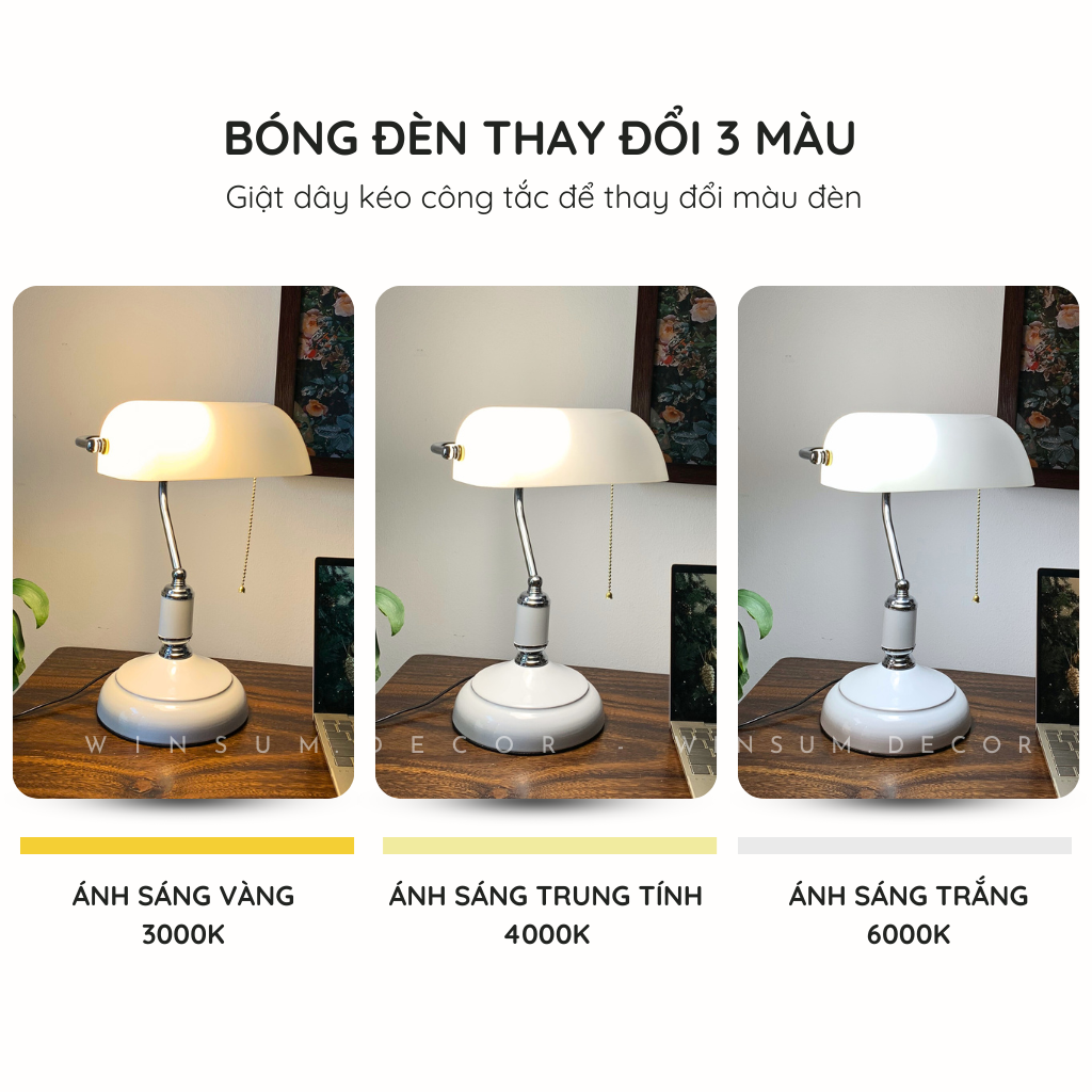 Đèn bàn Banker chụp đèn thủy tinh trắng bóng đèn 3 chế độ sáng WINSUM - DBB03