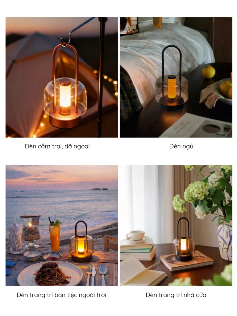 Đèn bàn thủy tinh không dây, đèn ngoài trời trang trí bàn ăn có tay xách, sạc điện USB - DBA02