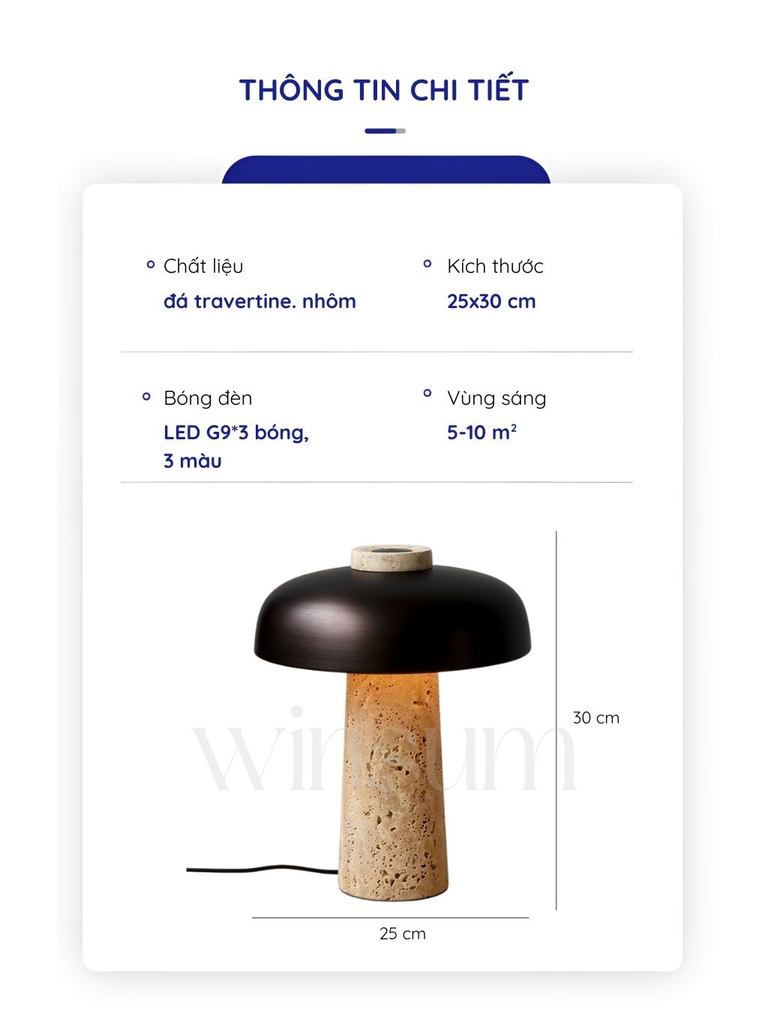 Đèn bàn thân đá Travertine, đèn ngủ để đầu giường, đèn đọc sách thiết kế Đan Mạch - DBB011