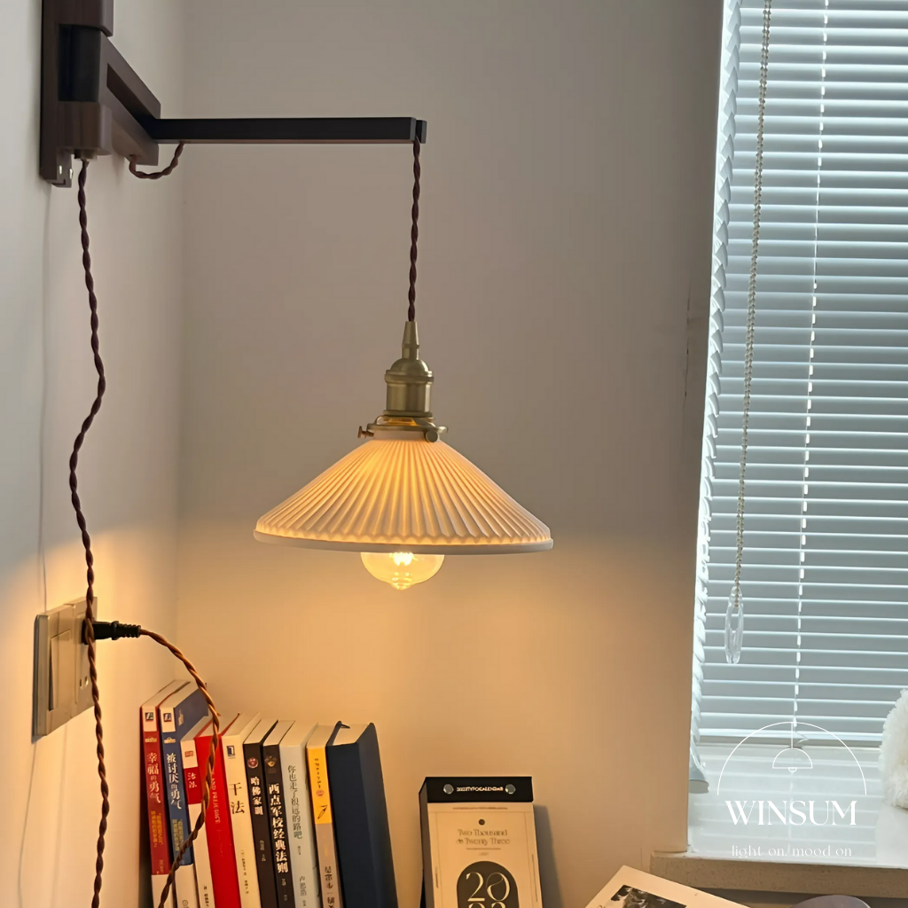 Đèn treo tường thân gỗ óc chó gấp gọn, chao gốm Vintage - DTB01