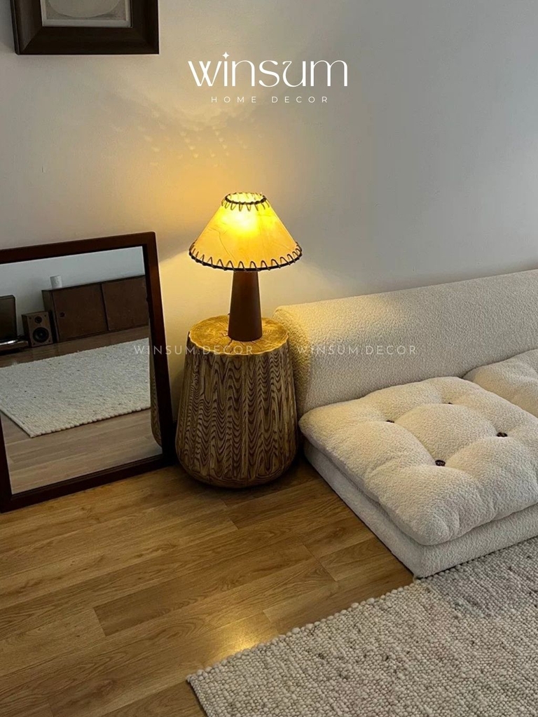 Đèn để bàn thân gỗ nguyên khối, chao vải da phong cách vintage, đèn hình nấm - DBB08