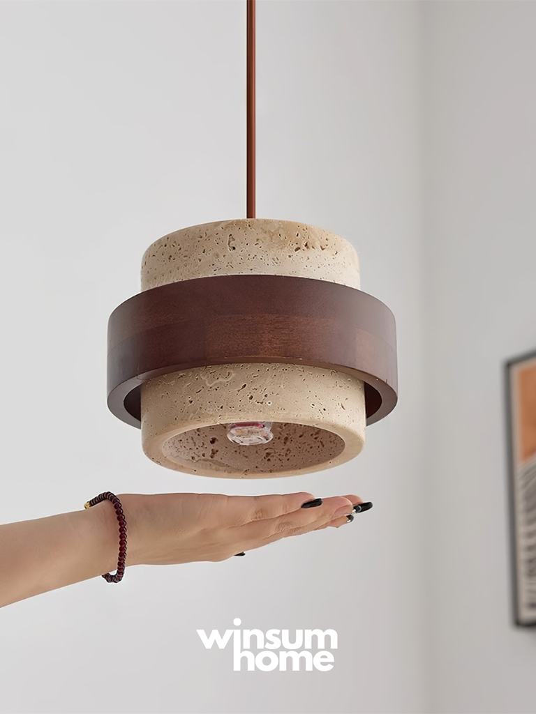Đèn thả Cole chất liệu đá travertine kết hợp vòng gỗ
