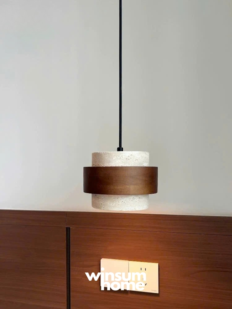 Đèn thả Cole chất liệu đá travertine kết hợp vòng gỗ