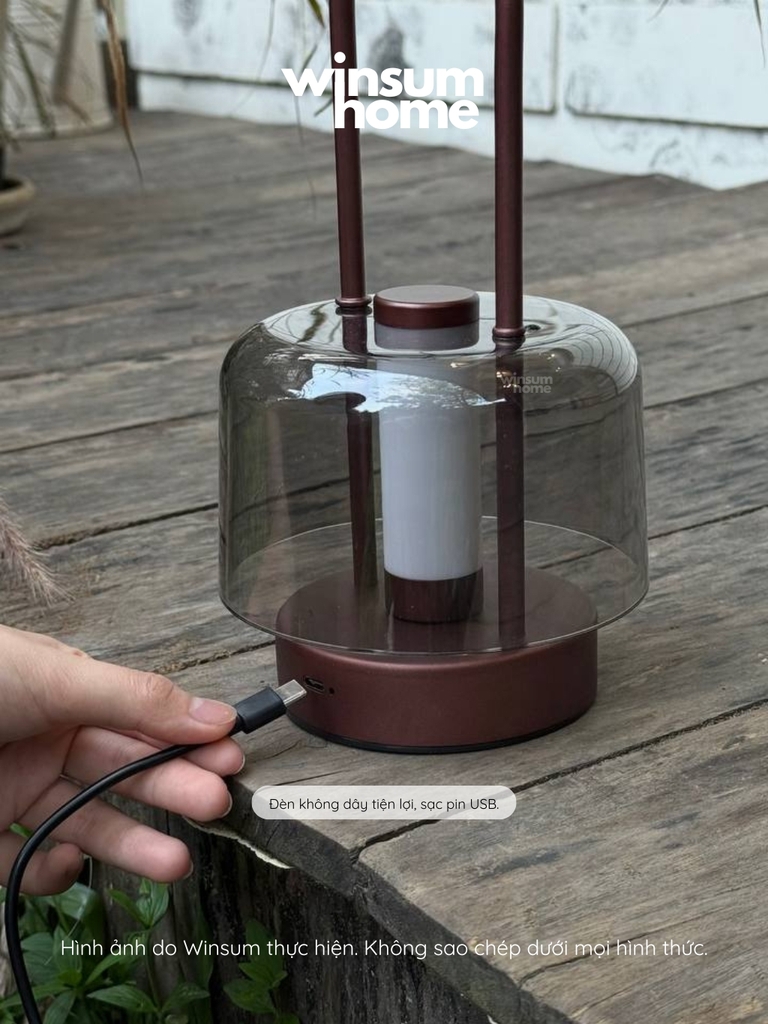 Đèn bàn thủy tinh không dây, đèn ngoài trời trang trí bàn ăn có tay xách, sạc điện USB - DBA02