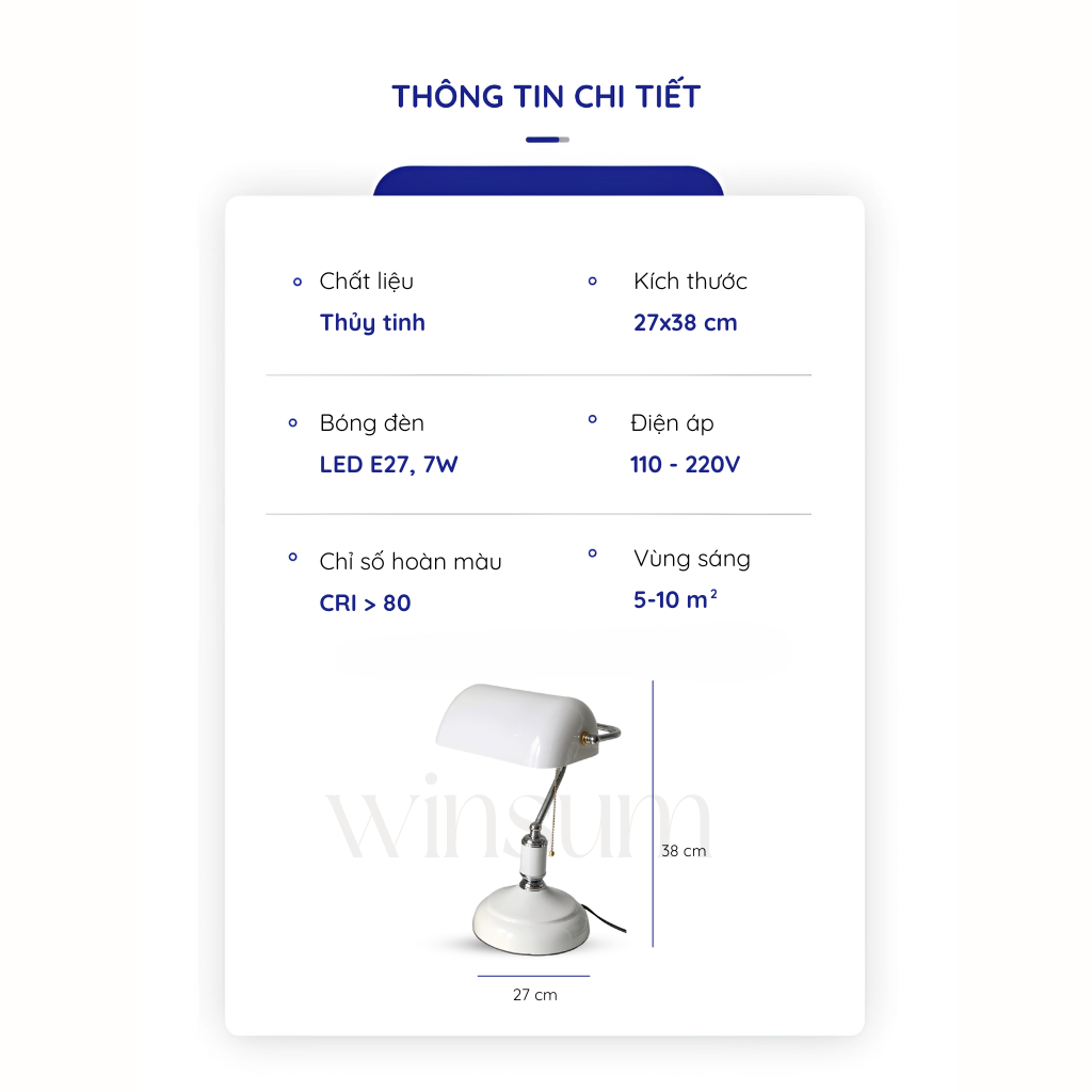 Đèn bàn Banker chụp đèn thủy tinh trắng bóng đèn 3 chế độ sáng WINSUM - DBB03