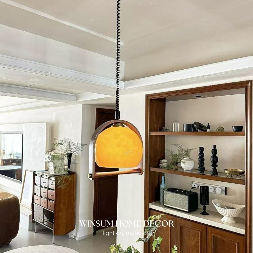 Đèn thả trần thủy tinh màu nâu tay gỗ cổ điển, đèn treo winsum dây lò xo -  DPB10