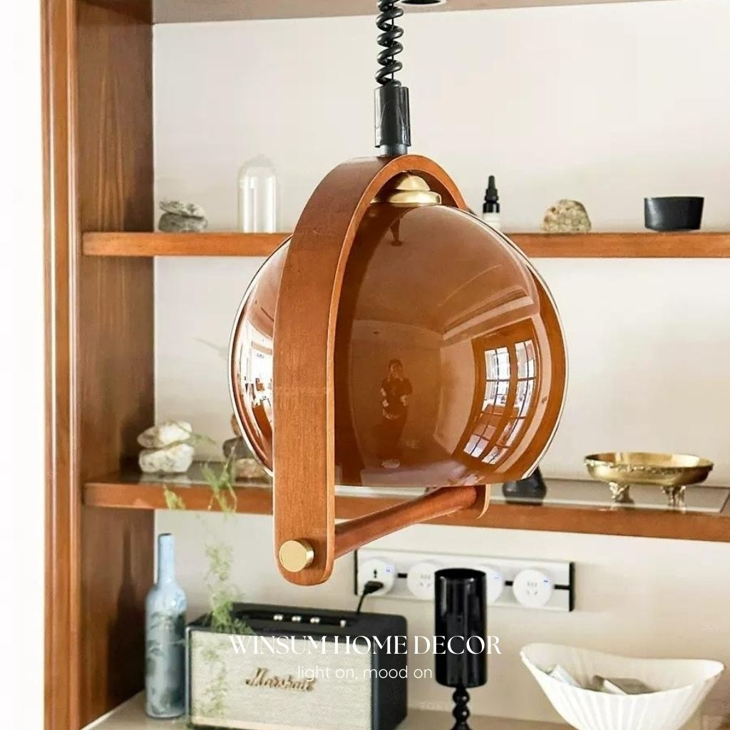 Đèn thả trần thủy tinh màu nâu tay gỗ cổ điển, đèn treo winsum dây lò xo -  DPB10