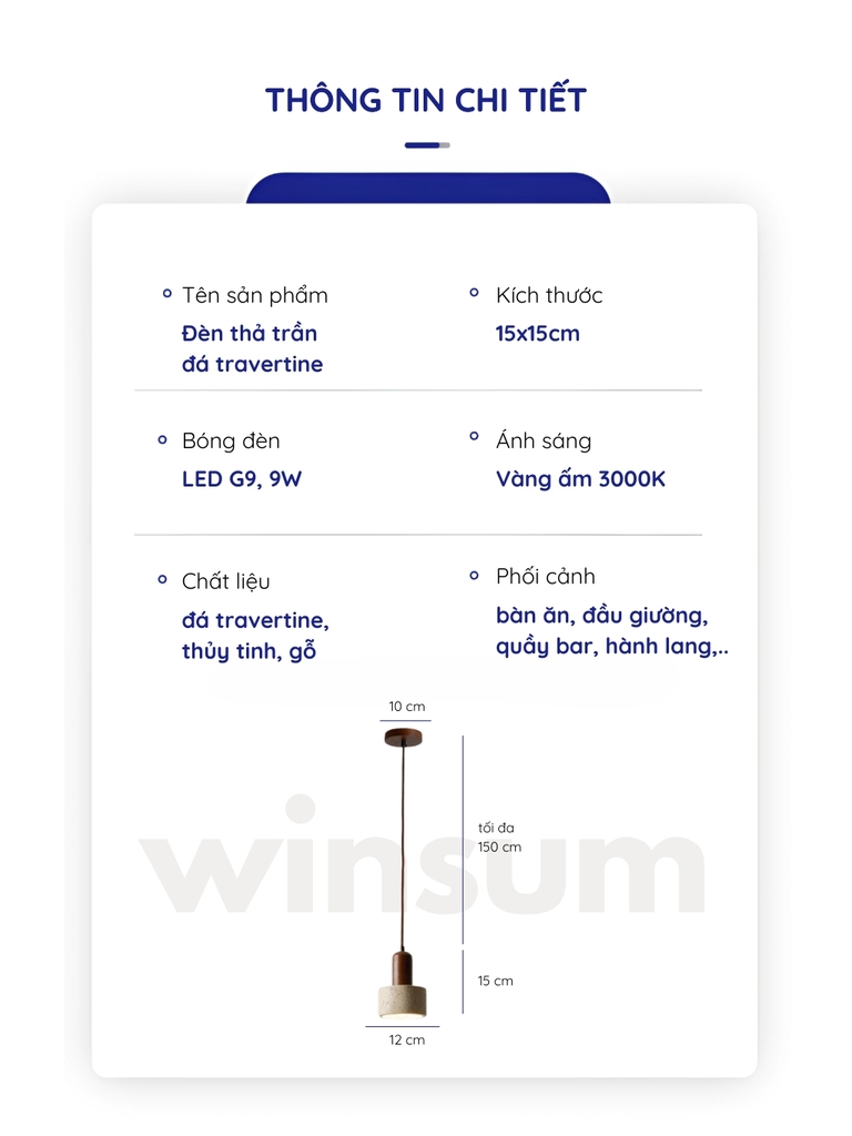 Đèn thả đá travertine hình trụ, đèn thả đầu giường