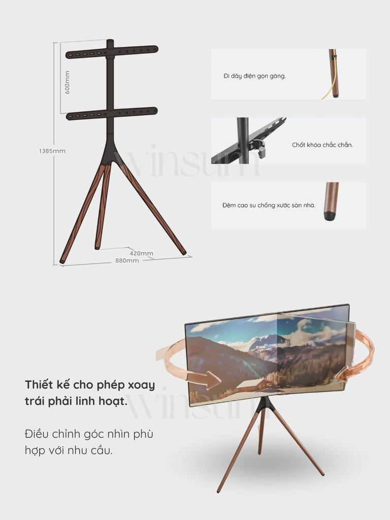 Giá đỡ TV tripod 3 chân gỗ, có thể xoay sang trái phải TV 45-65 inch - K03