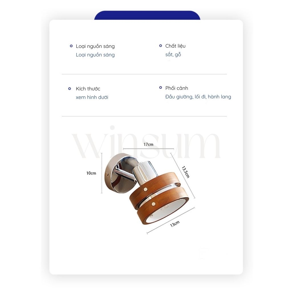 Đèn tường, đèn spot light viền gỗ óc chó có thể xoay 2 bên, đèn gắn đầu giường, lối ra vào - DTB03