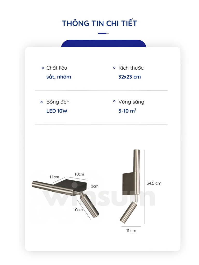Đèn gắn tường 2 đầu, đèn ngủ đầu giường có chỉnh xoay các hướng sáng - Winsum Home